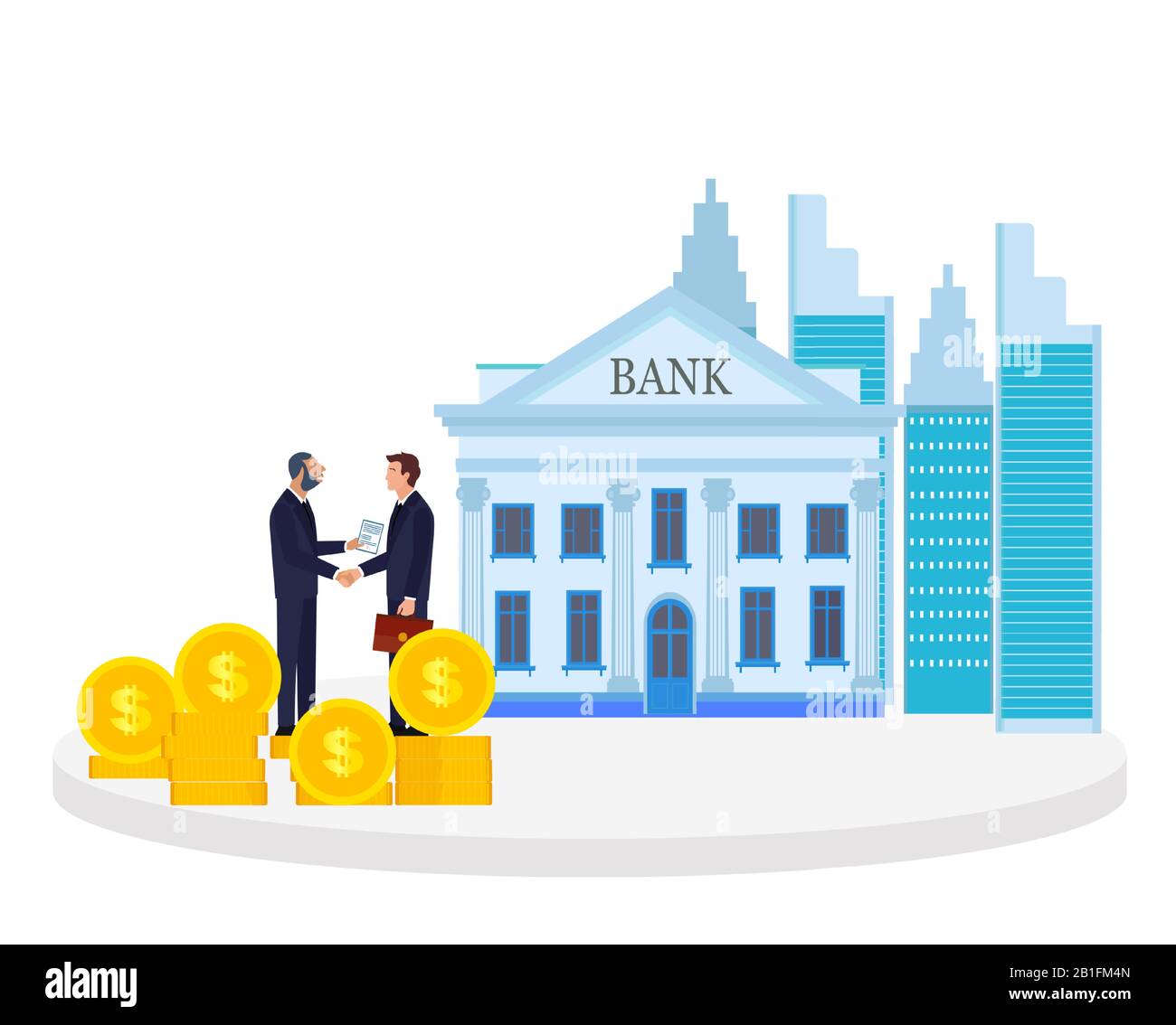 Vecteur de deux hommes d'affaires se secouant les mains ayant un accord sur un fond de bâtiment de banque Illustration de Vecteur