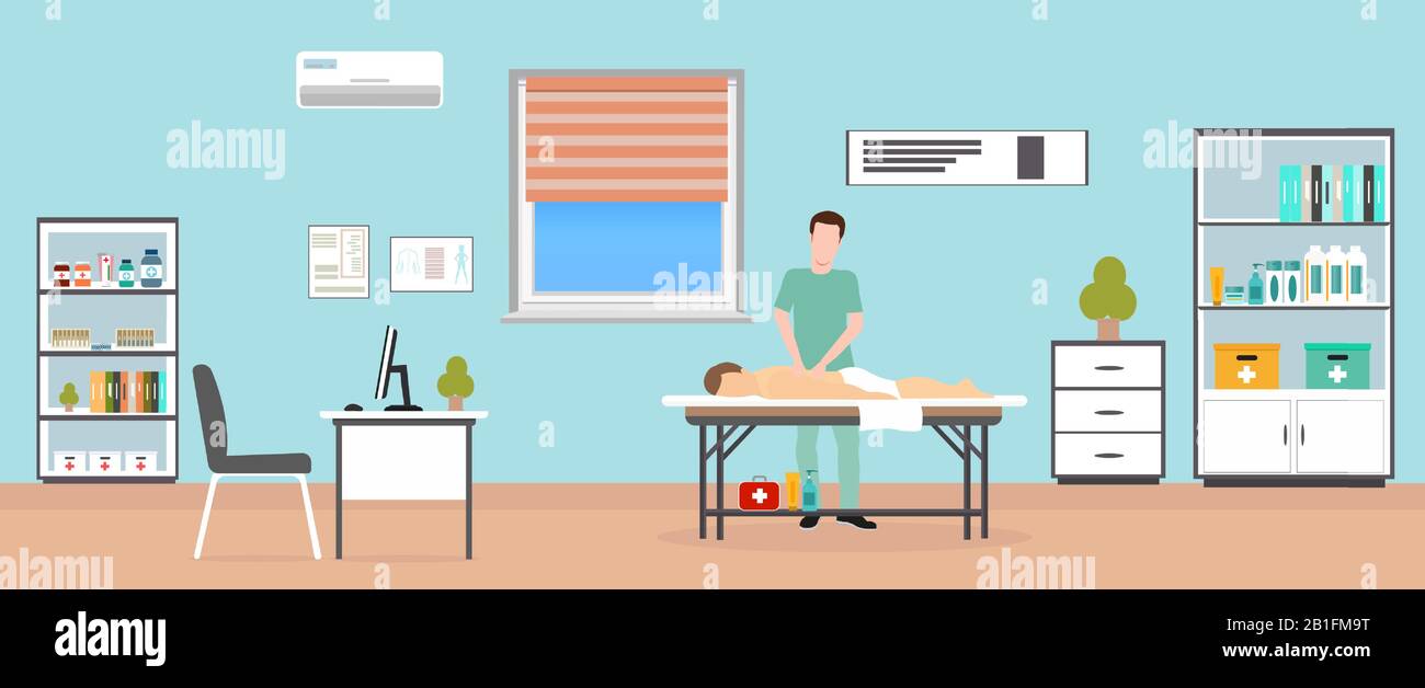 Vecteur d'un homme posé sur une table pendant que masseur thérapeute faisant massage de guérison Illustration de Vecteur
