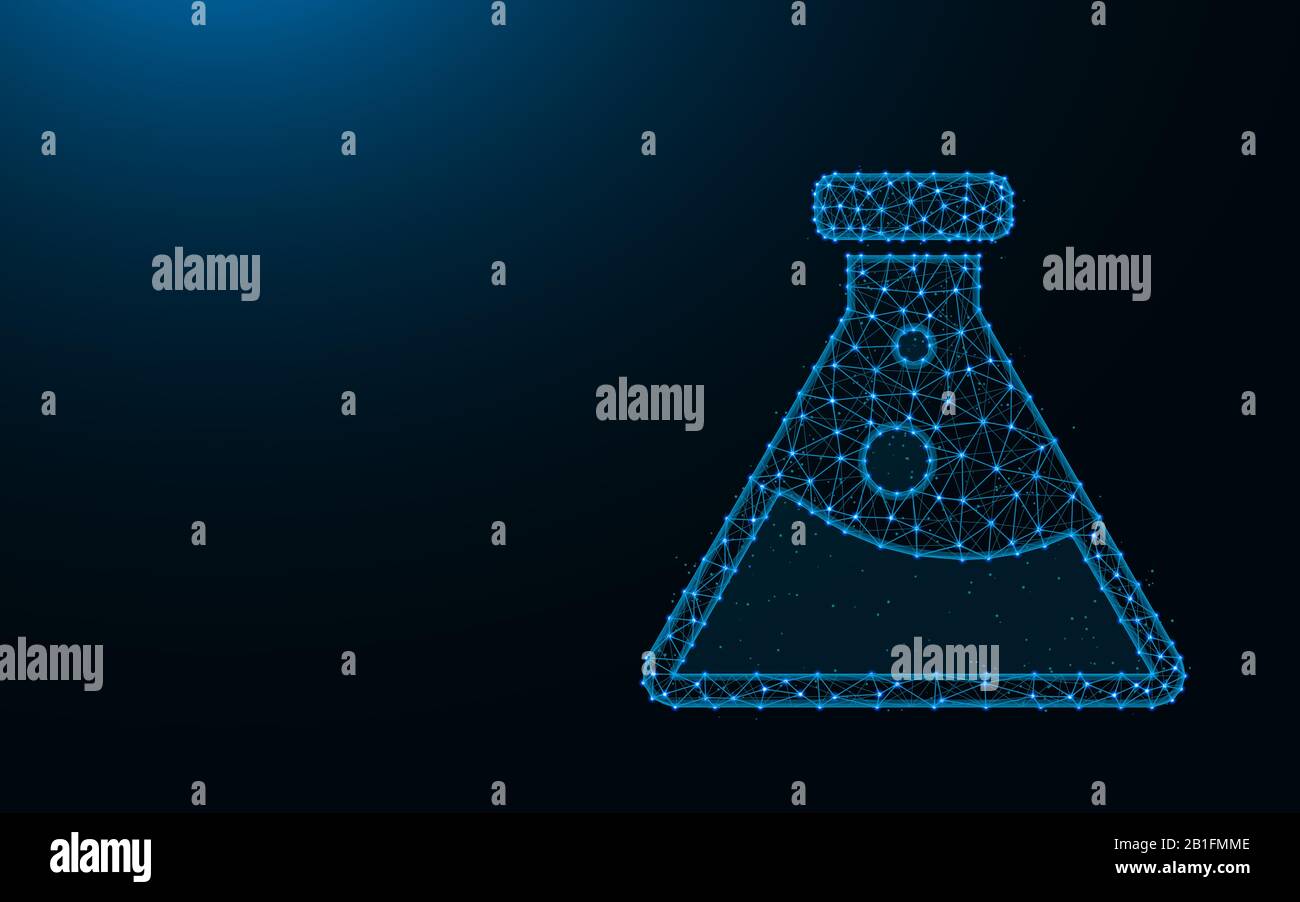 Flacon fabriqué à partir de points et de lignes sur fond bleu foncé, illustration polygonale en maille filaire de laboratoire Illustration de Vecteur