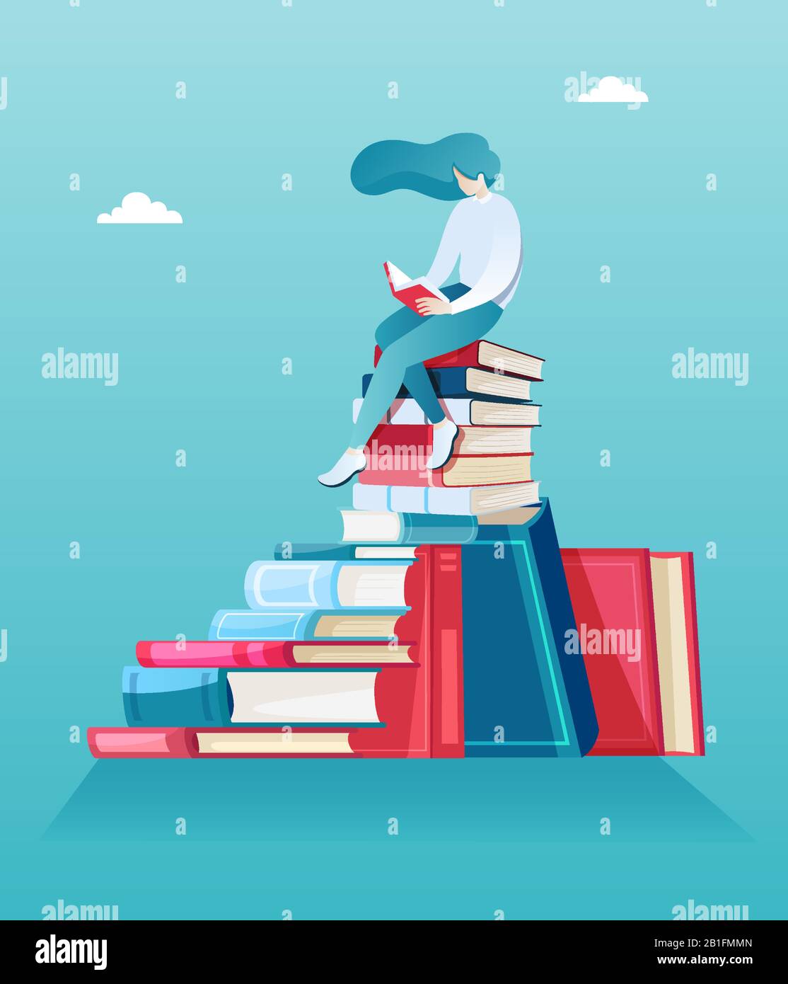 Femme assise sur une pile de livres Banque d'images vectorielles - Alamy