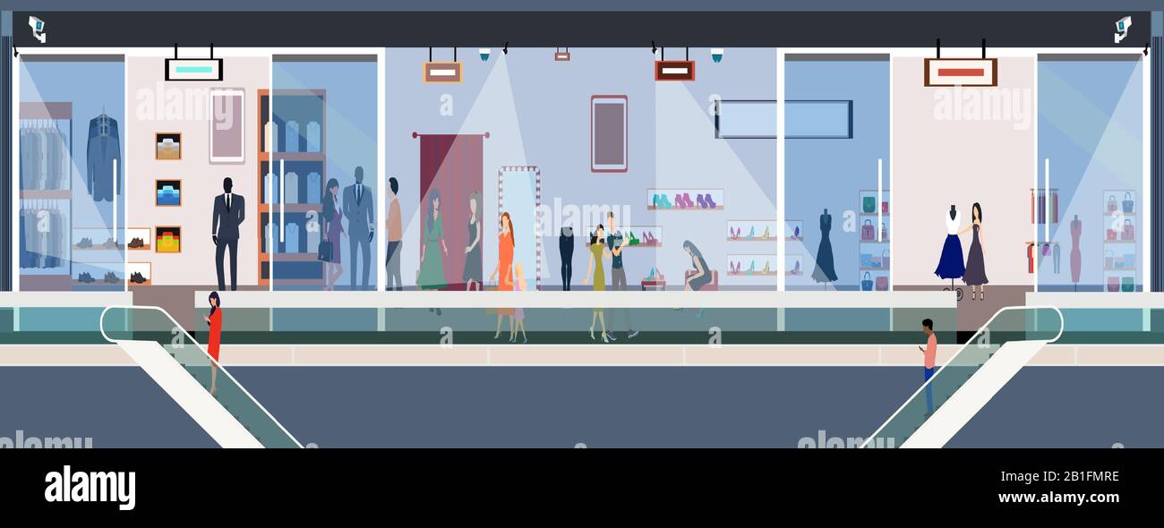Vecteur de femmes et hommes élégants shopping dans un centre commercial Illustration de Vecteur