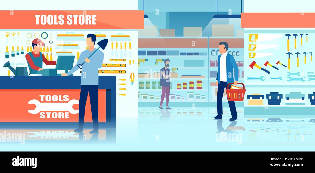 Vector of men faisant des achats dans un magasin de construction de matériel d'outils Illustration de Vecteur