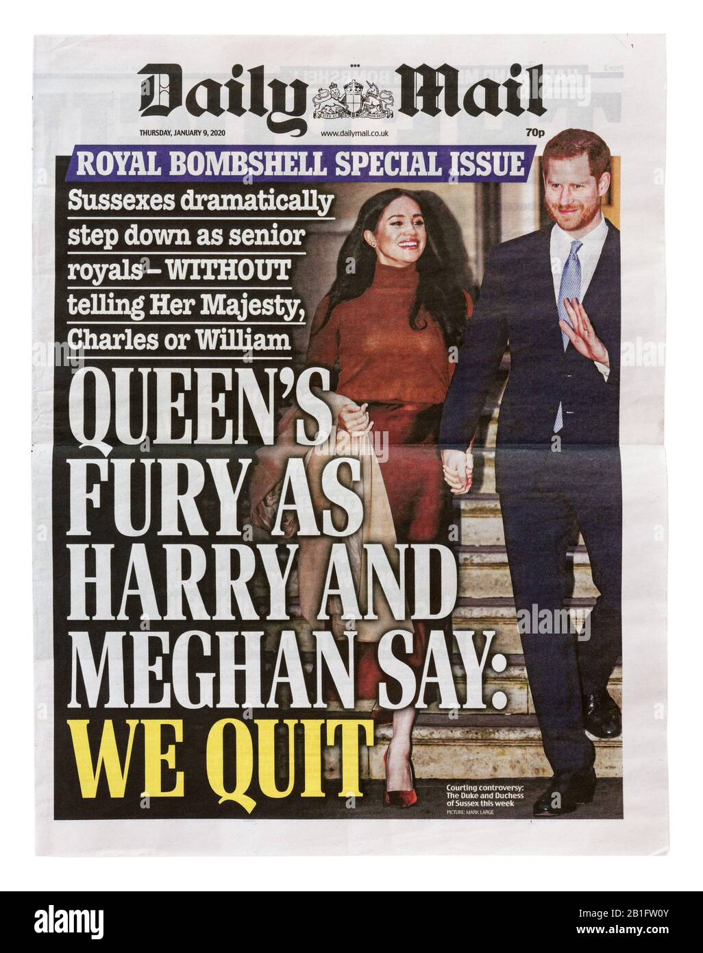 Courrier quotidien à partir du 9 janvier 2020 avec l'Headline 'Queen's Fury et Harry & Meghan Dire: Nous Quit' Banque D'Images