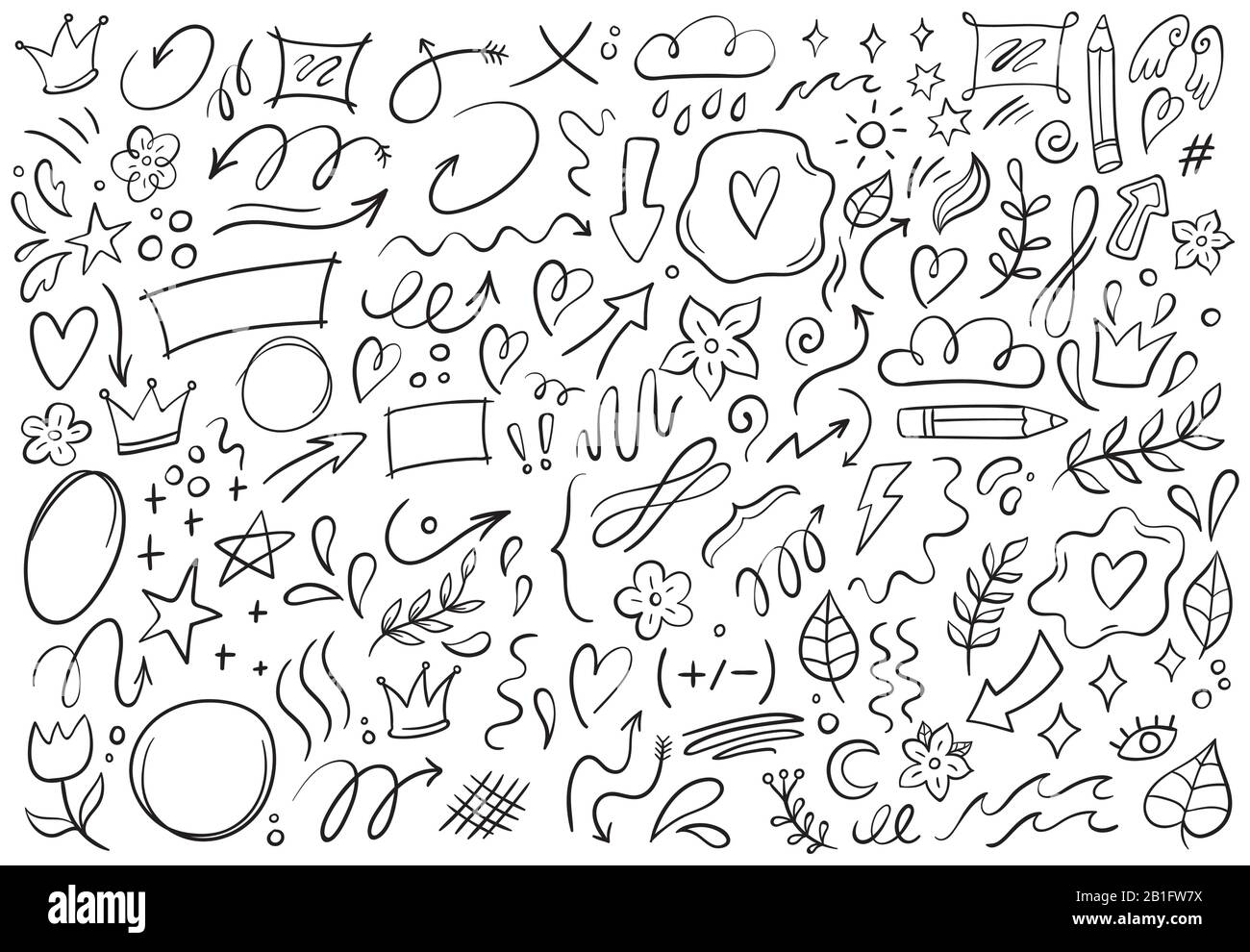 Gribouillis décoratifs. Flèche pointant dessinée à la main, formes de contour et illustrations vectorielles de cadres de gribouille Illustration de Vecteur