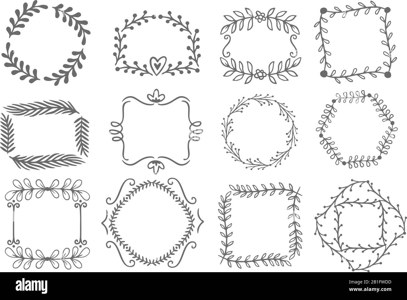 Cadres d'ornement floraux. Cadre à feuilles décoratives, jeu vectoriel à bordures ornementales dessinées à la main Illustration de Vecteur