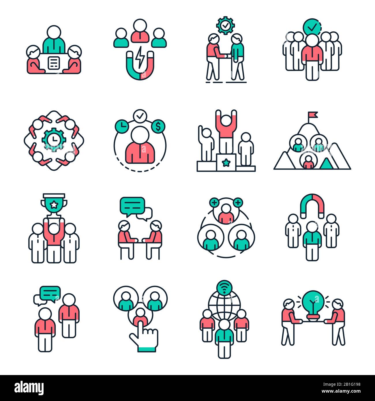 Icônes des grandes lignes de l'équipe de personnes. Pictogramme de groupe de travail, équipe de travail et scénario d'icône de ligne de partenaires commerciaux Illustration de Vecteur