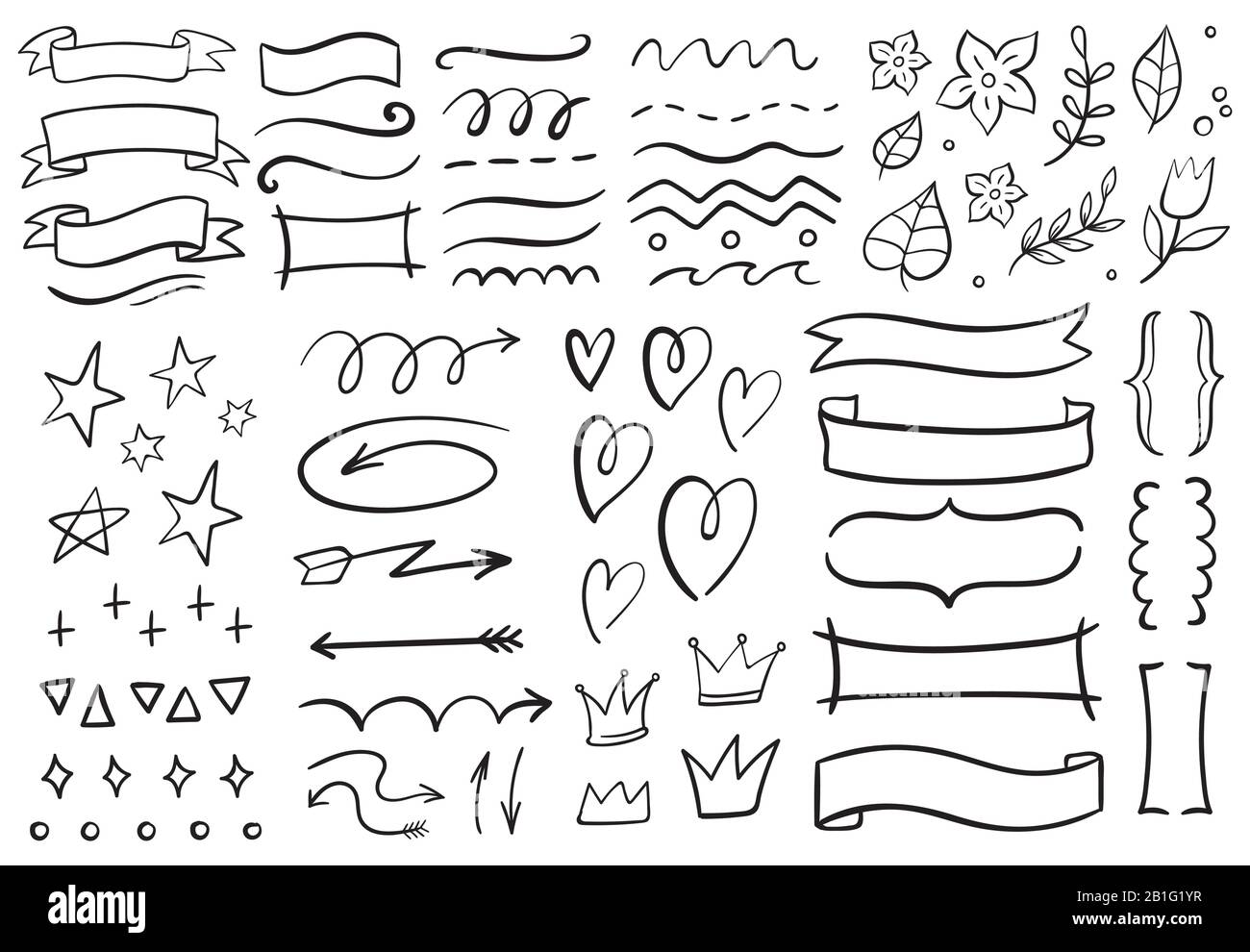 Gribouillis décoratifs vintage. Ruban dessiné à la main, flèches de contour et doodle cartes vacances décorations scénario ensemble Illustration de Vecteur