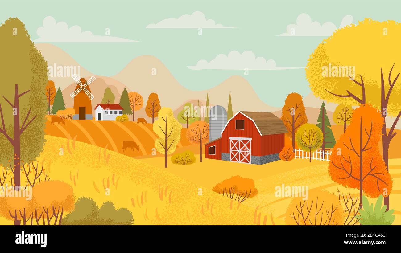 Paysage agricole d'automne. Ferme de campagne, arbres jaunes et champ de ferme dessin animé vecteur d'arrière-plan Illustration de Vecteur