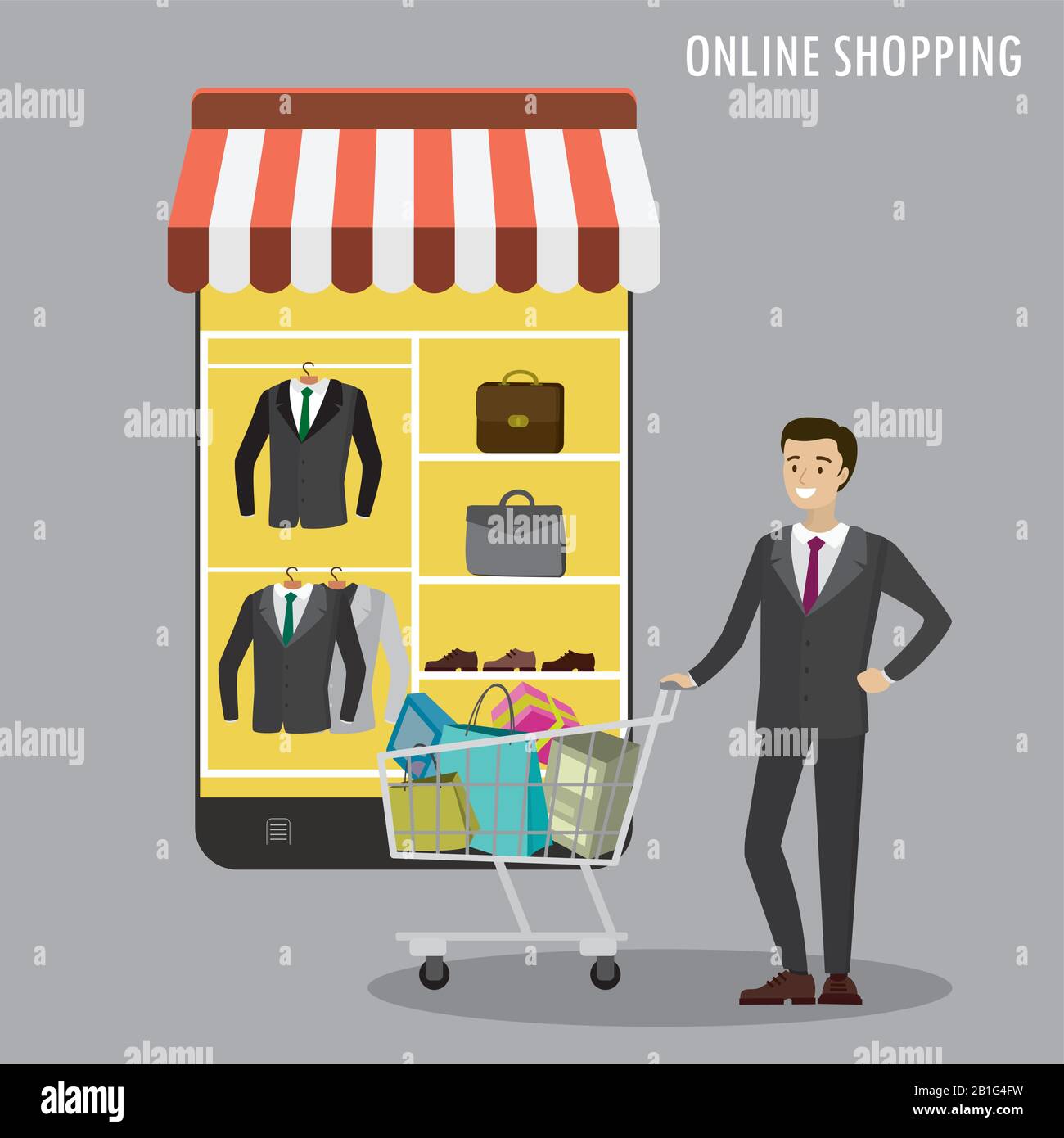 Smartphone moderne avec application de shopping et homme d'affaires caucasien avec chariot et sacs de shopping, illustration vectorielle de conception plate Illustration de Vecteur