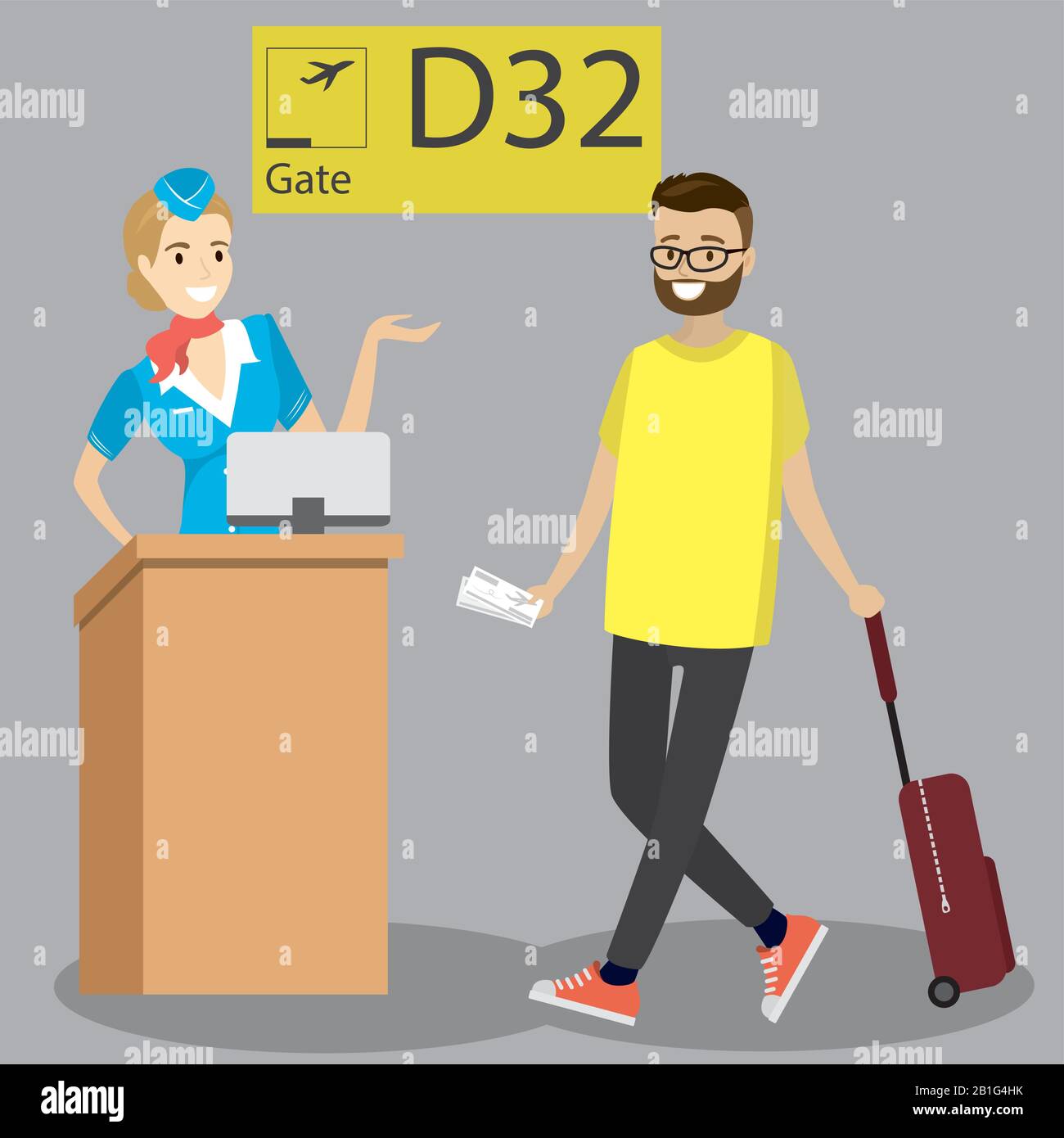 Passager caucasien de dessin animé avec valise à pied sur les départs, le numéro de porte et l'équipage de cabine à l'aéroport. Hipster homme avec valise à barbe à Illustration de Vecteur