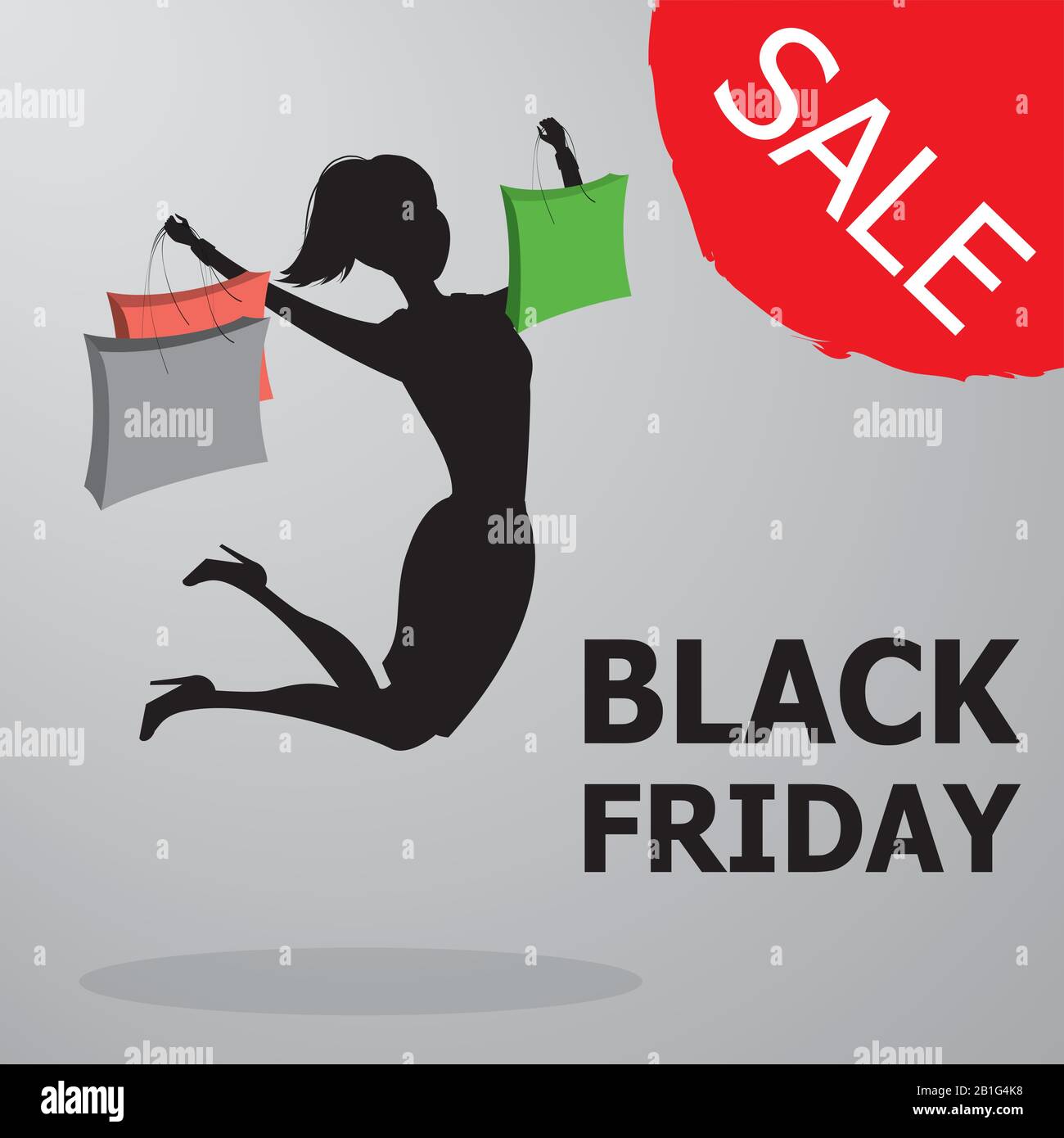 Femme sautant Silhouette avec sacs à provisions, fond de vente de vendredi noir, illustration vectorielle de dessin animé Illustration de Vecteur