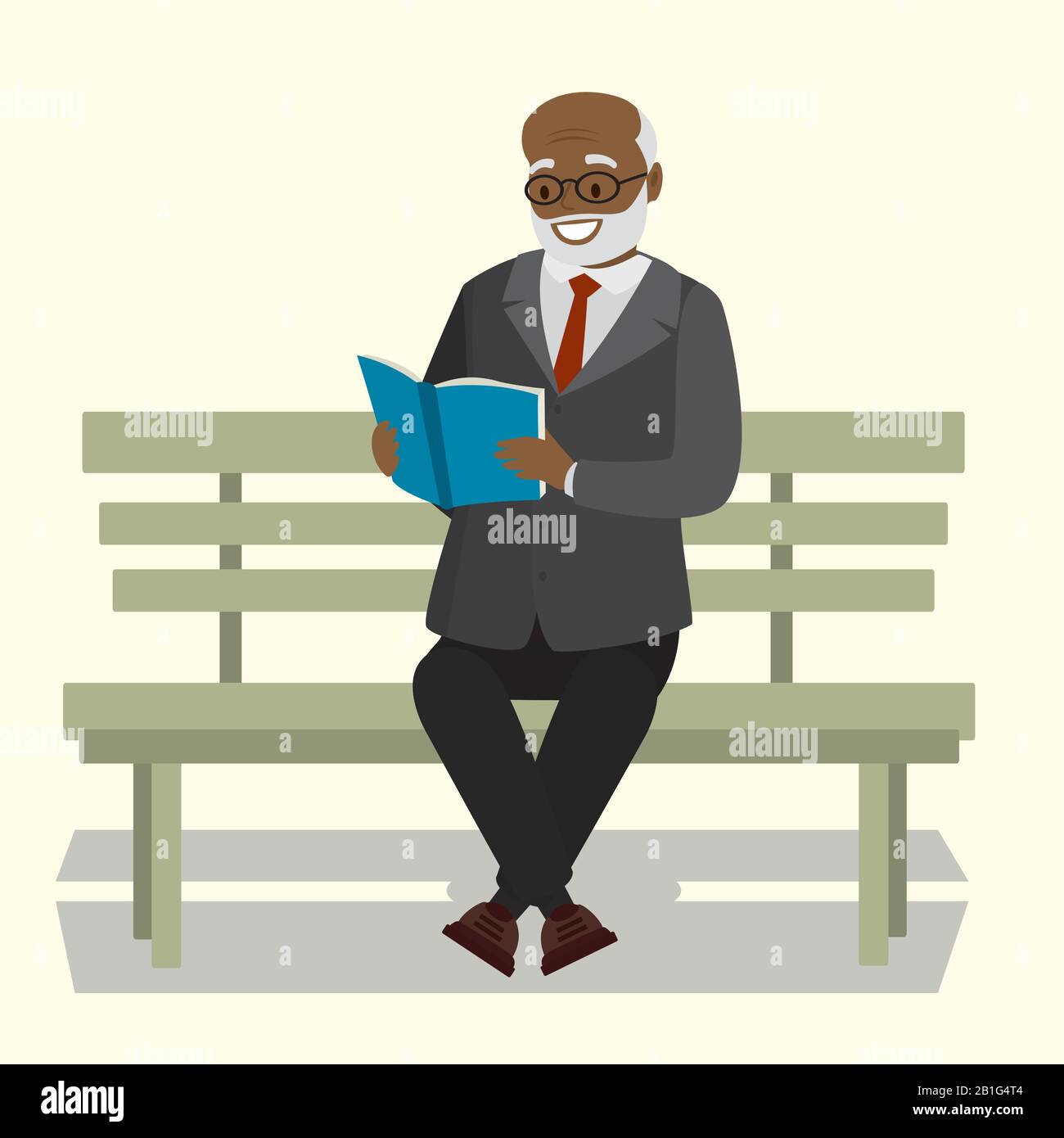 Heureux vieil homme ou grand-père assis sur un banc et lire le livre, isolé sur fond blanc, illustration vectorielle Illustration de Vecteur