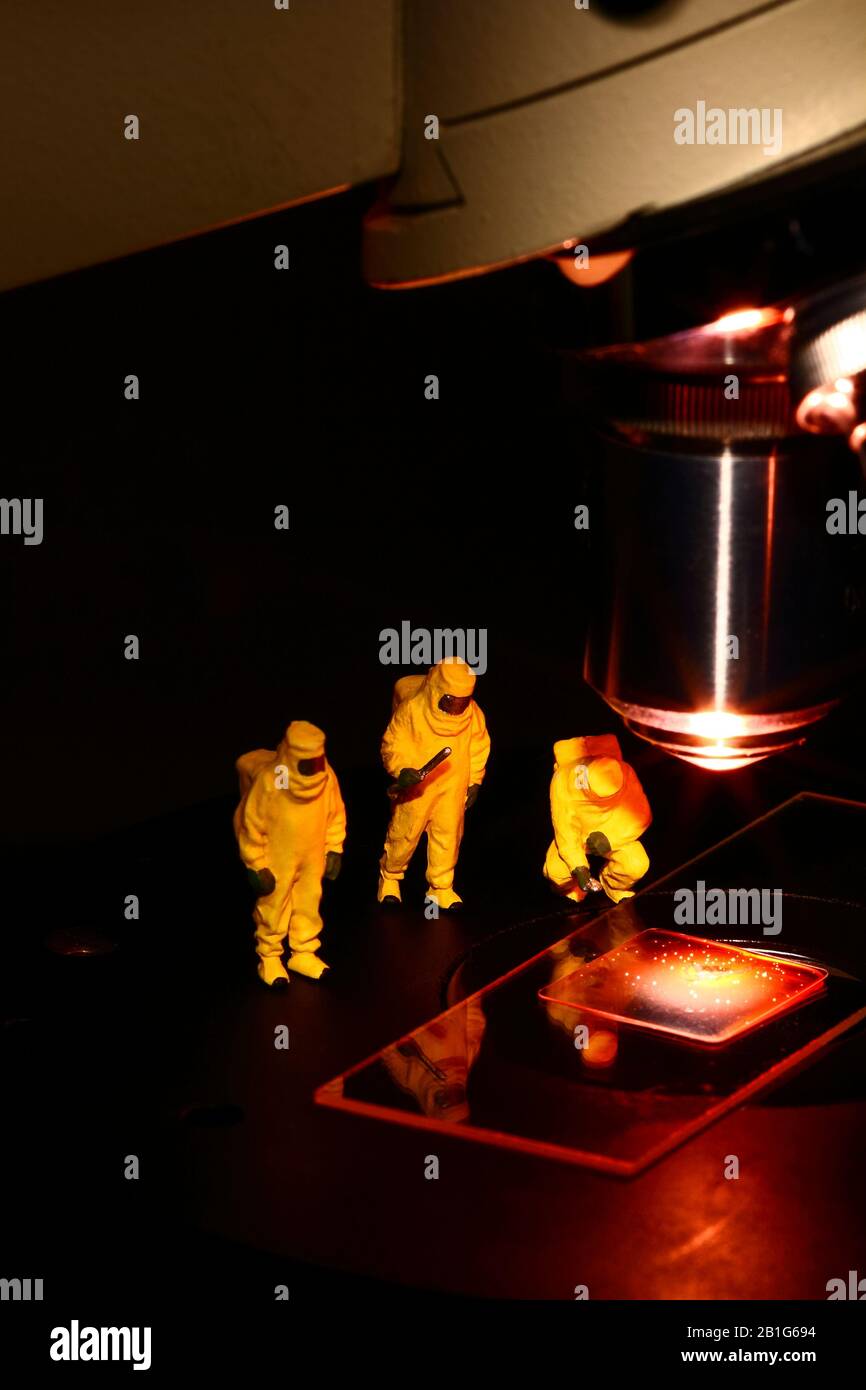 Image conceptuelle des personnes à figure miniature portant des costumes hazmat regardant un échantillon de faux sang sous un microscope Banque D'Images