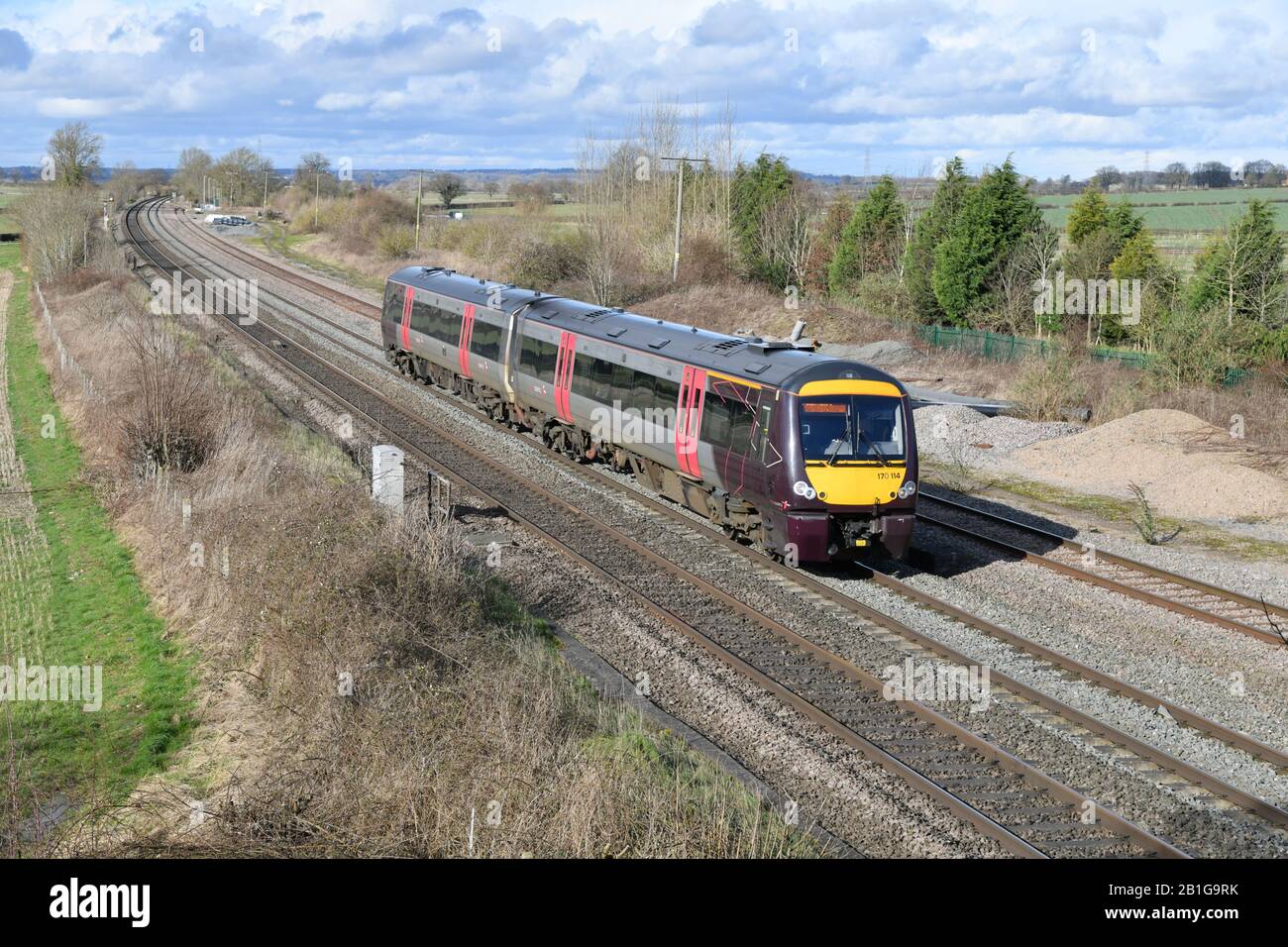 Arriva CrossCountry Trains Turbostar Diesel à 2 voitures Unité 170114 avec 1V10 13:07 Nottingham à Cardiff Central service passant par Elford 25/02/20 Banque D'Images