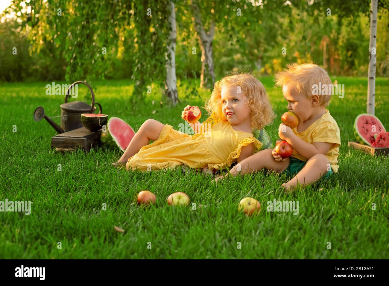 Joyeux enfant souriant mangeant des pommes à l'extérieur lors d'un pique-nique en été au coucher du soleil. Bébé et fille blonde blanche, sœur et frère mangeant la pomme. Heureux Banque D'Images