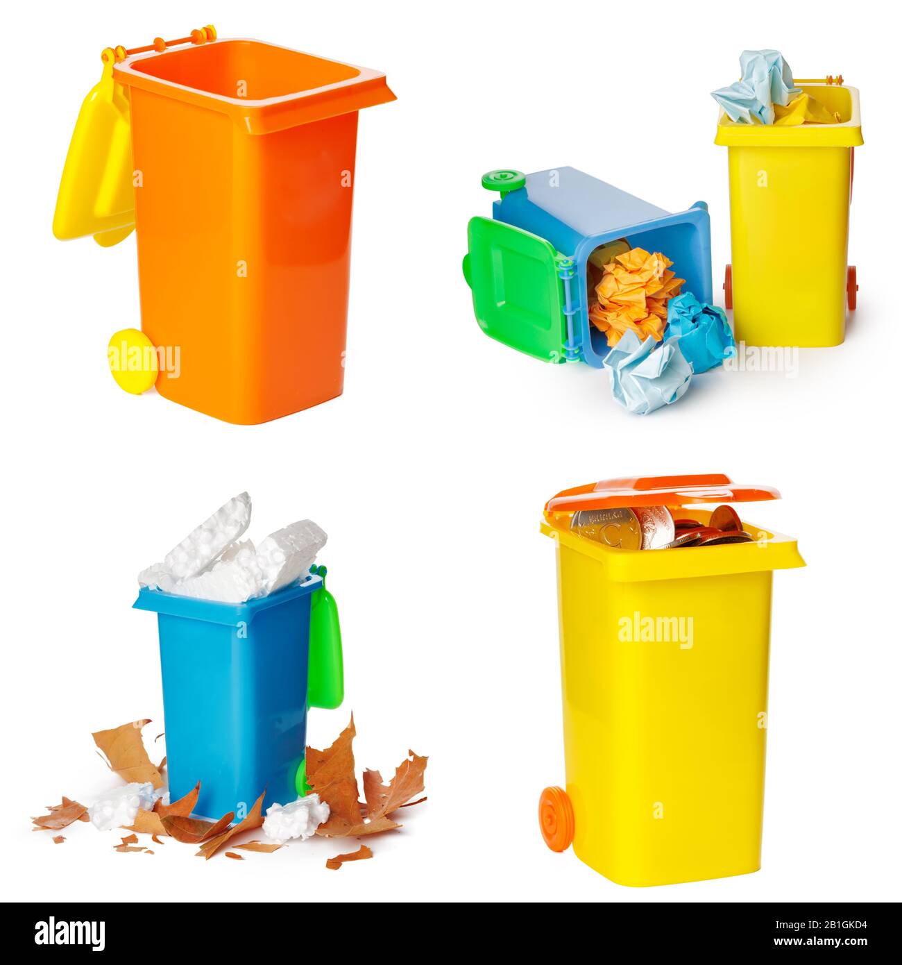 Concept de recyclage. Poubelles colorées pour différentes ordures sur fond blanc Banque D'Images