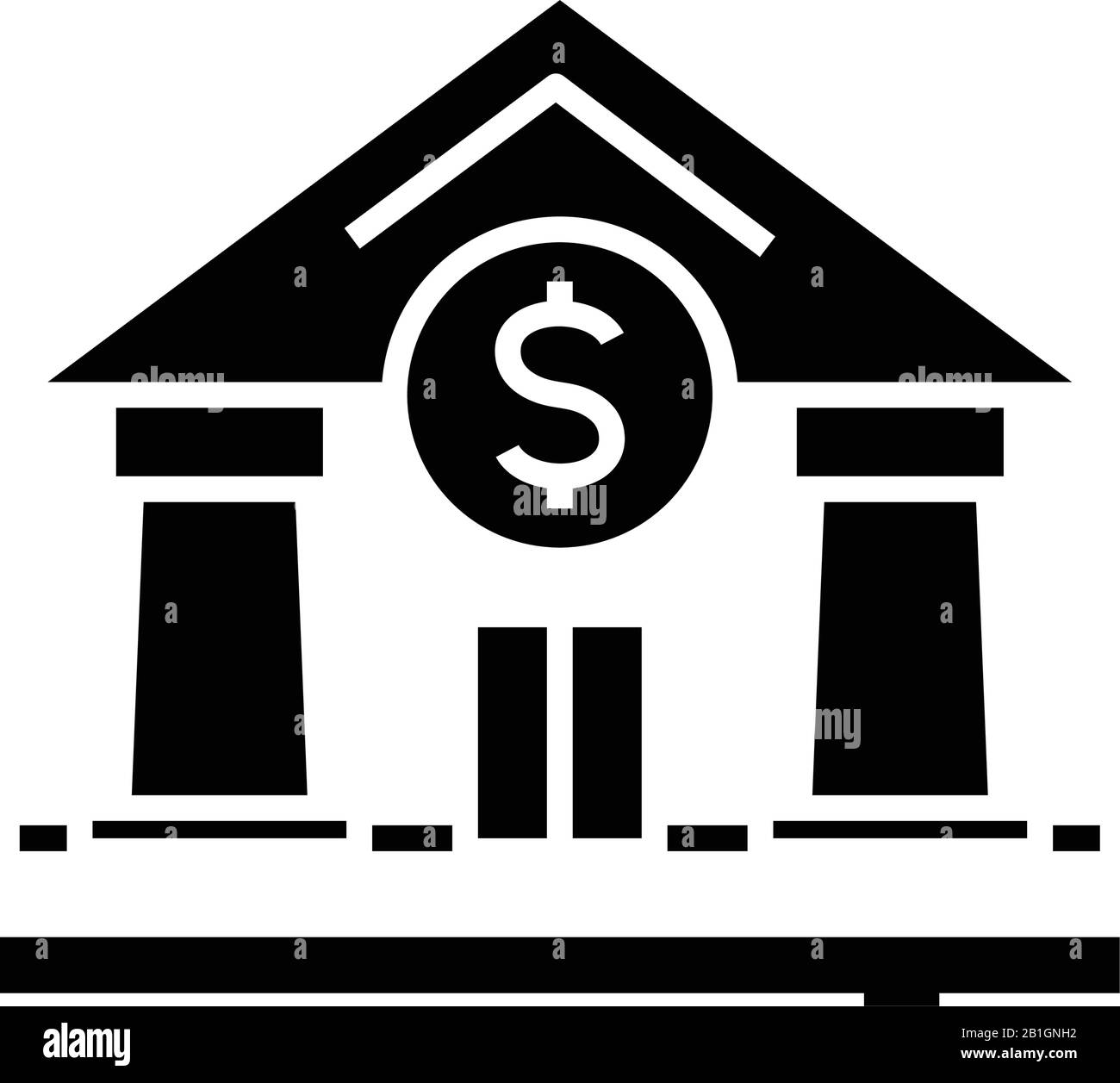 Icône noire de bâtiment de banque, illustration de concept, symbole plat vectoriel, signe glyphe. Illustration de Vecteur