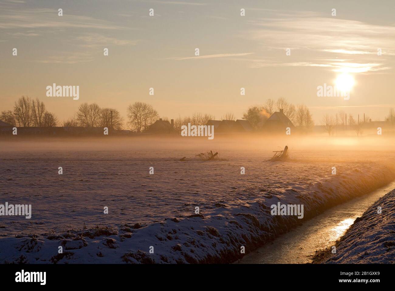Paysage d'hiver au lever du soleil, Pays-Bas Banque D'Images
