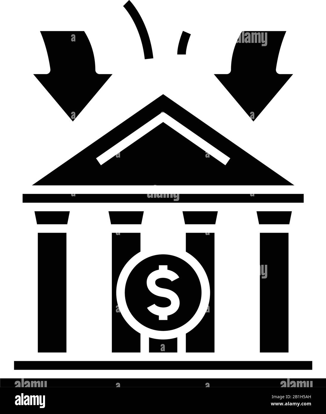 Icône noire de bâtiment de banque, illustration de concept, symbole plat vectoriel, signe glyphe. Illustration de Vecteur