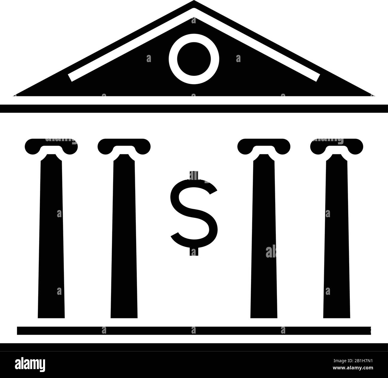 Icône noire de bâtiment de banque, illustration de concept, symbole plat vectoriel, signe glyphe. Illustration de Vecteur