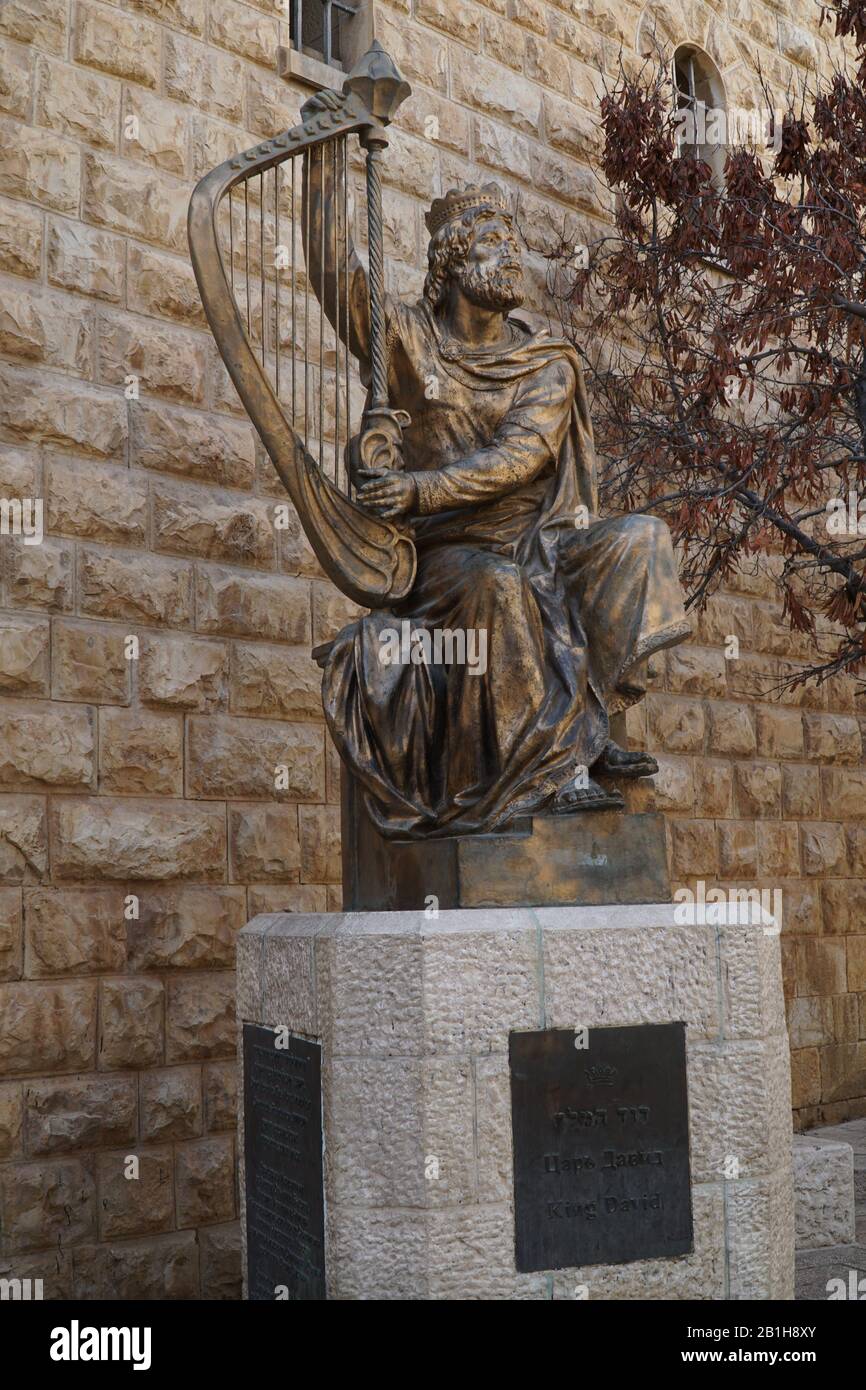 La vieille ville de Jérusalem, statue du roi David jouant une harpe Banque D'Images