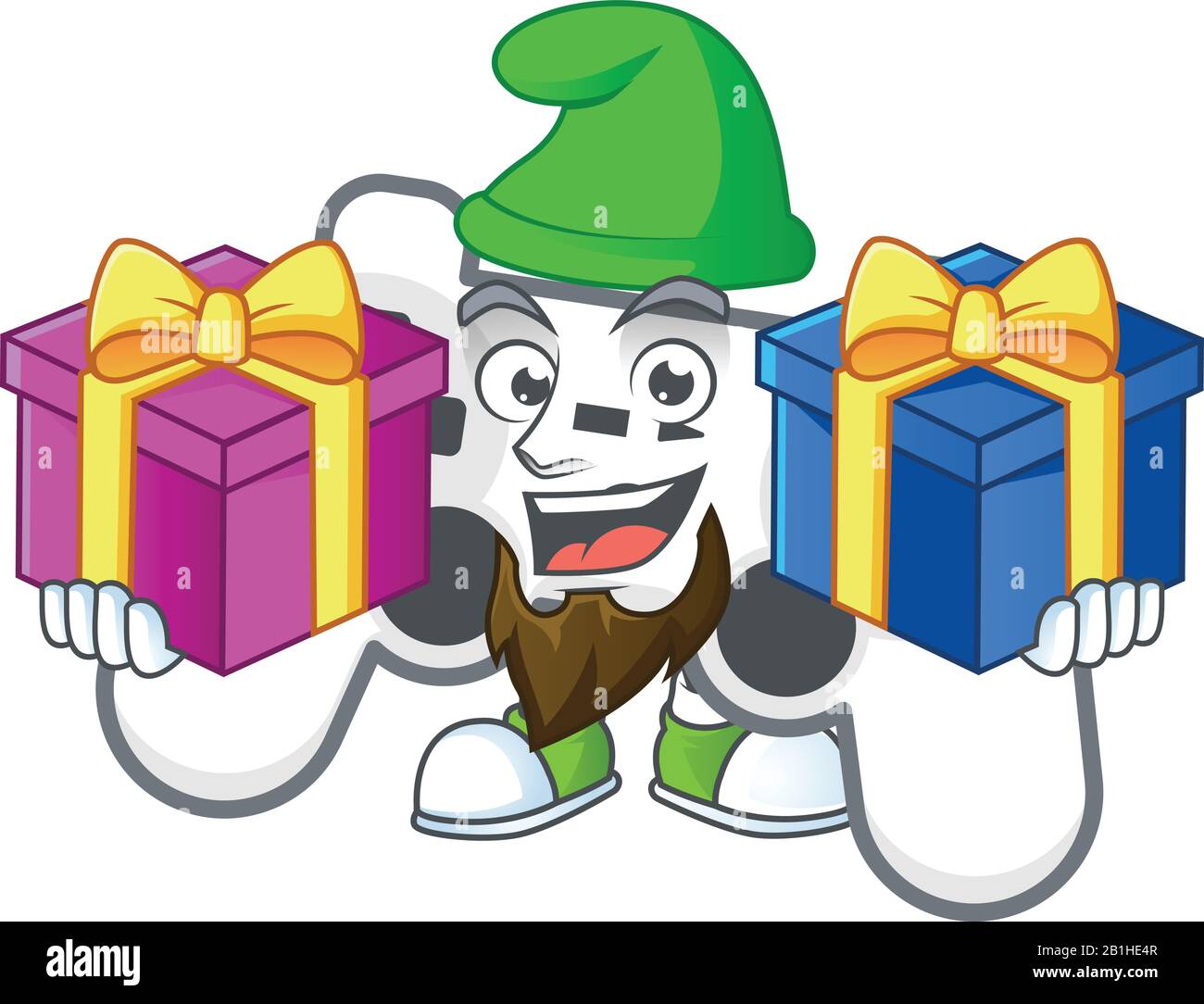 Un charmant style mascotte blanc à joysticks avec deux boîtes de cadeaux Illustration de Vecteur