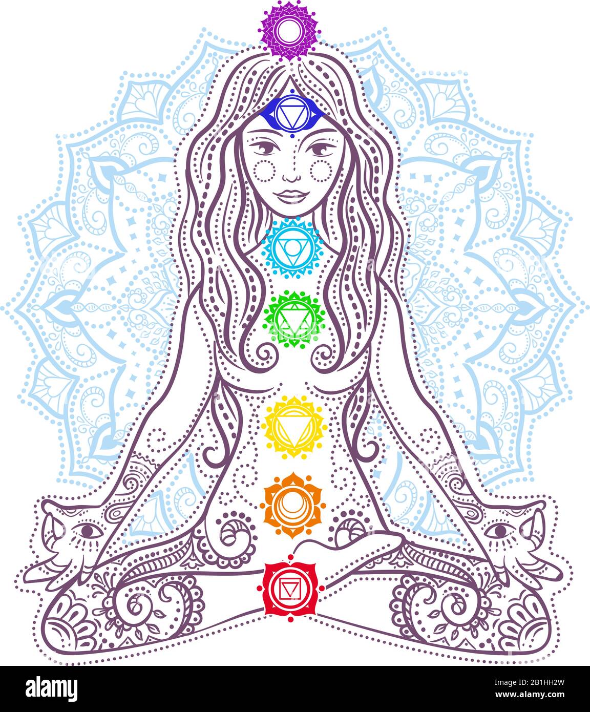 concept de style de vie sain sous la forme d'une femme faisant du yoga, assis dans lotus pose et icônes chakras sur elle. Icône fille faite de boho de culture indienne Illustration de Vecteur