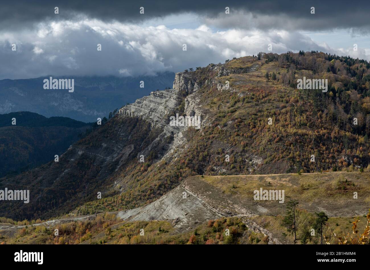 Forêt, falaises et prairies près de Kotéltsi dans le nord des montagnes Pindos, Macédoine, Grèce du Nord. Banque D'Images