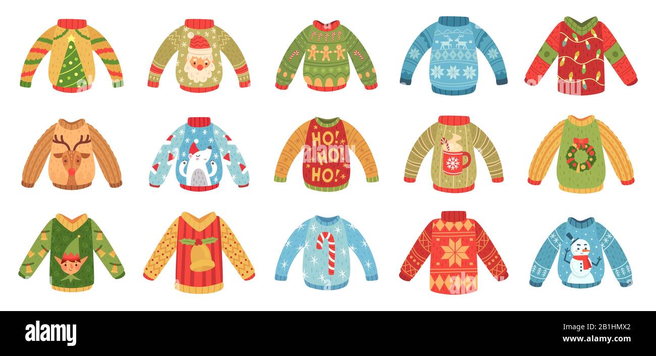 Bande dessinée noël fête pulls. Noël vacances chandails laid, pull d'hiver tricoté et drôle Santa sweater vecteur ensemble Illustration de Vecteur