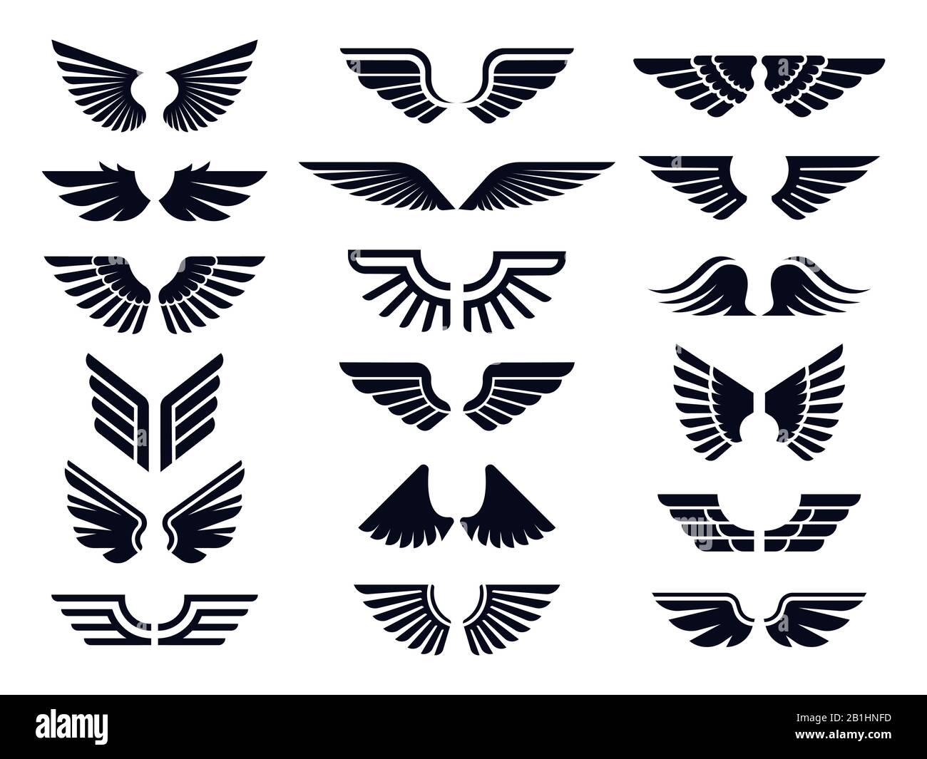 Icône silhouette paire d'ailes. Angel Wing, l'emblème décoratif de mouche et les symboles de pochoir aigle vector icons bundle Illustration de Vecteur