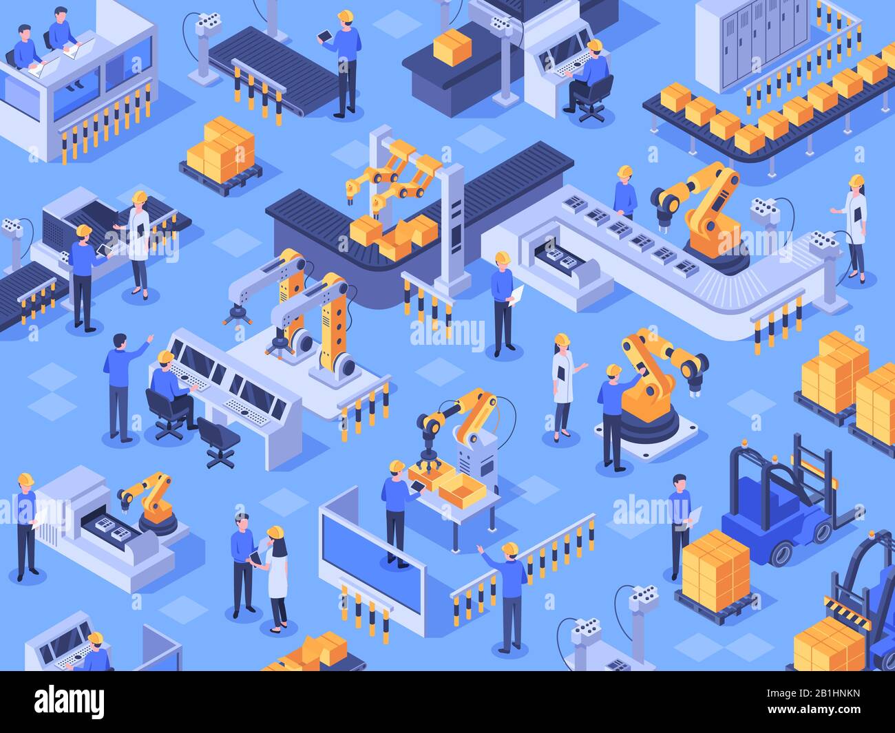 Usine industrielle intelligente isométrique. La chaîne de production automatisée, l'industrie de l'automatisation et les usines fabriquent des illustrations vectorielles pour les travailleurs Illustration de Vecteur