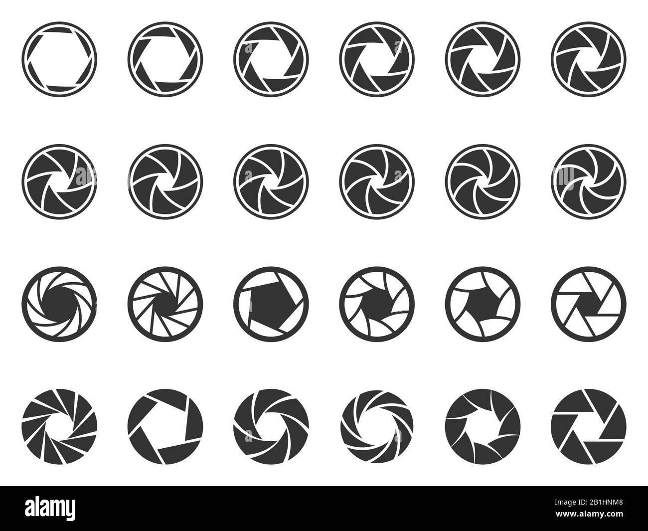 Diaphragme de l'objectif de la caméra. Objectifs photo ouverture, appareil photo silhouette d'obturation icône et ouvertures d'obturation pictogramme symboles vectoriels ensemble Illustration de Vecteur