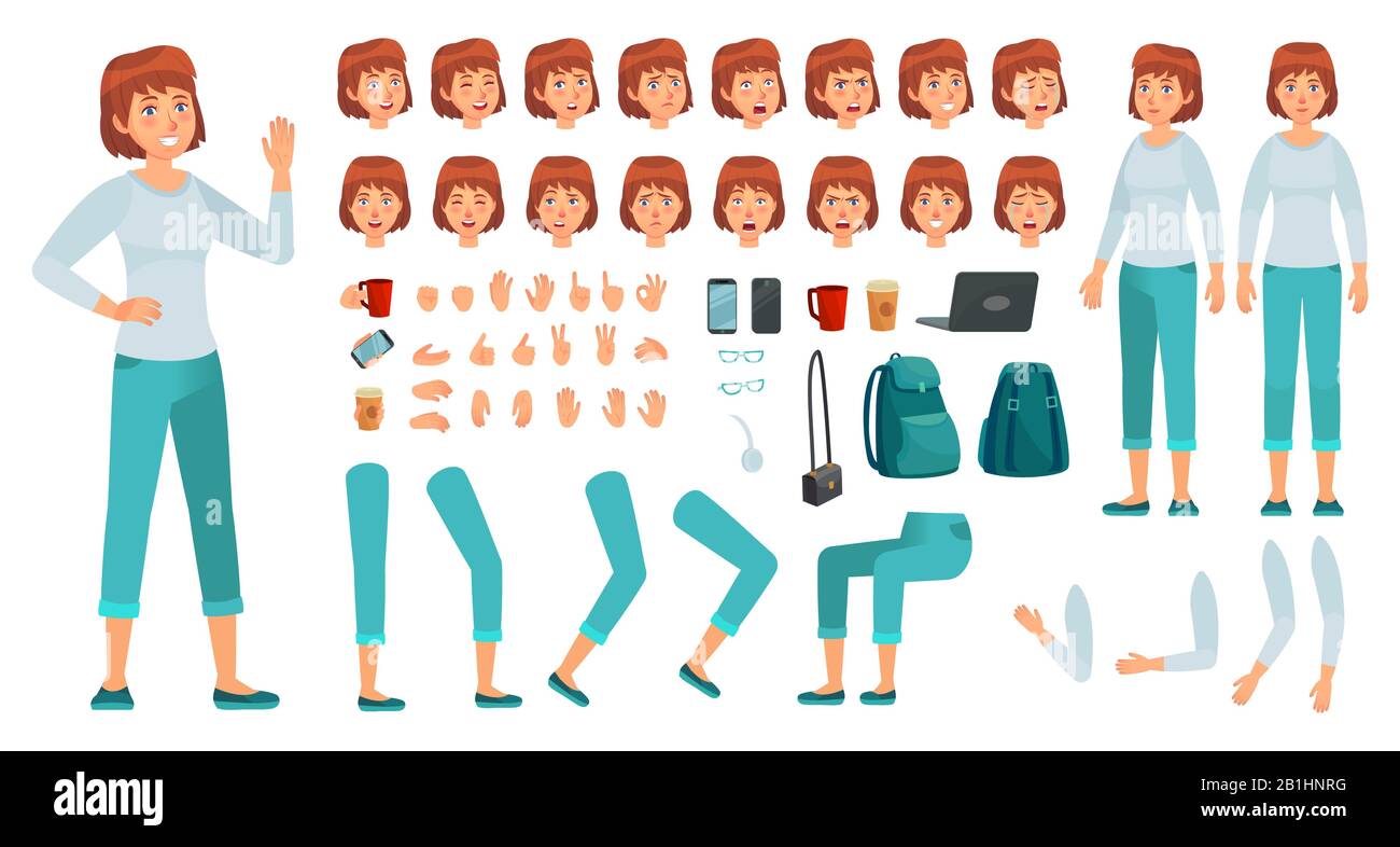 Kit de personnages de dessin animé pour femme. Ville dans vêtements décontractés femme création constructeur, différentes mains, jambes et corps pose vecteur ensemble Illustration de Vecteur