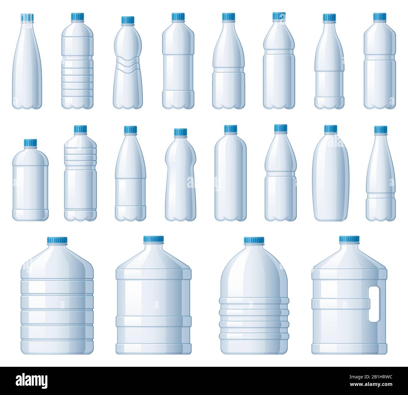 Bouteilles en plastique. Bouteille de refroidisseur d'eau, kit PET pour liquides et boisson gazeuse illustration vectorielle Illustration de Vecteur