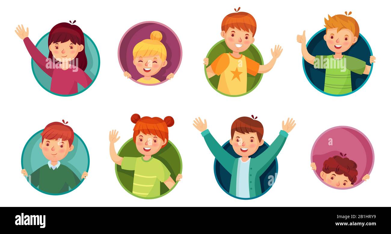 Enfant dans un cadre rond. Les enfants regardent hors du trou de cercle, les enfants dans les trous de fenêtre et les enfants se dételent de l'ensemble d'illustrations vectorielles Windows Illustration de Vecteur