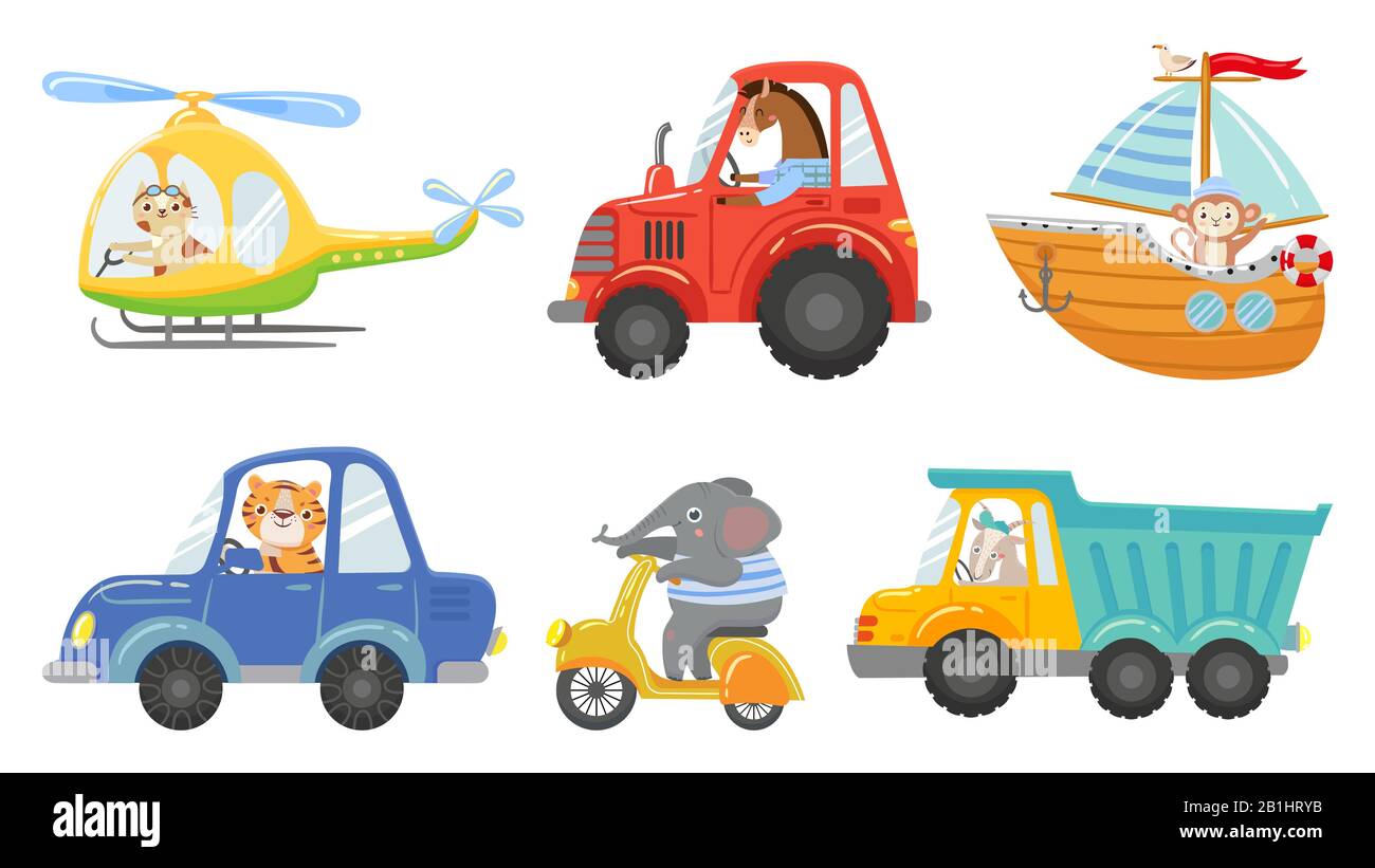 Mignons pilotes d'animaux. Voiture, tracteur et camion pour conduite animale. Jeu d'illustrations vectorielles de caricature en hélicoptère jouet, voilier et scooter urbain Illustration de Vecteur