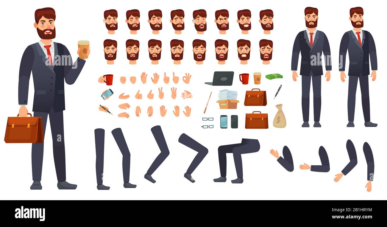 Kit de personnage d'homme d'affaires de dessin animé. Constructeur de caractères d'affaires, différents gestes de mains, émotions de visage et jambes vecteur ensemble Illustration de Vecteur