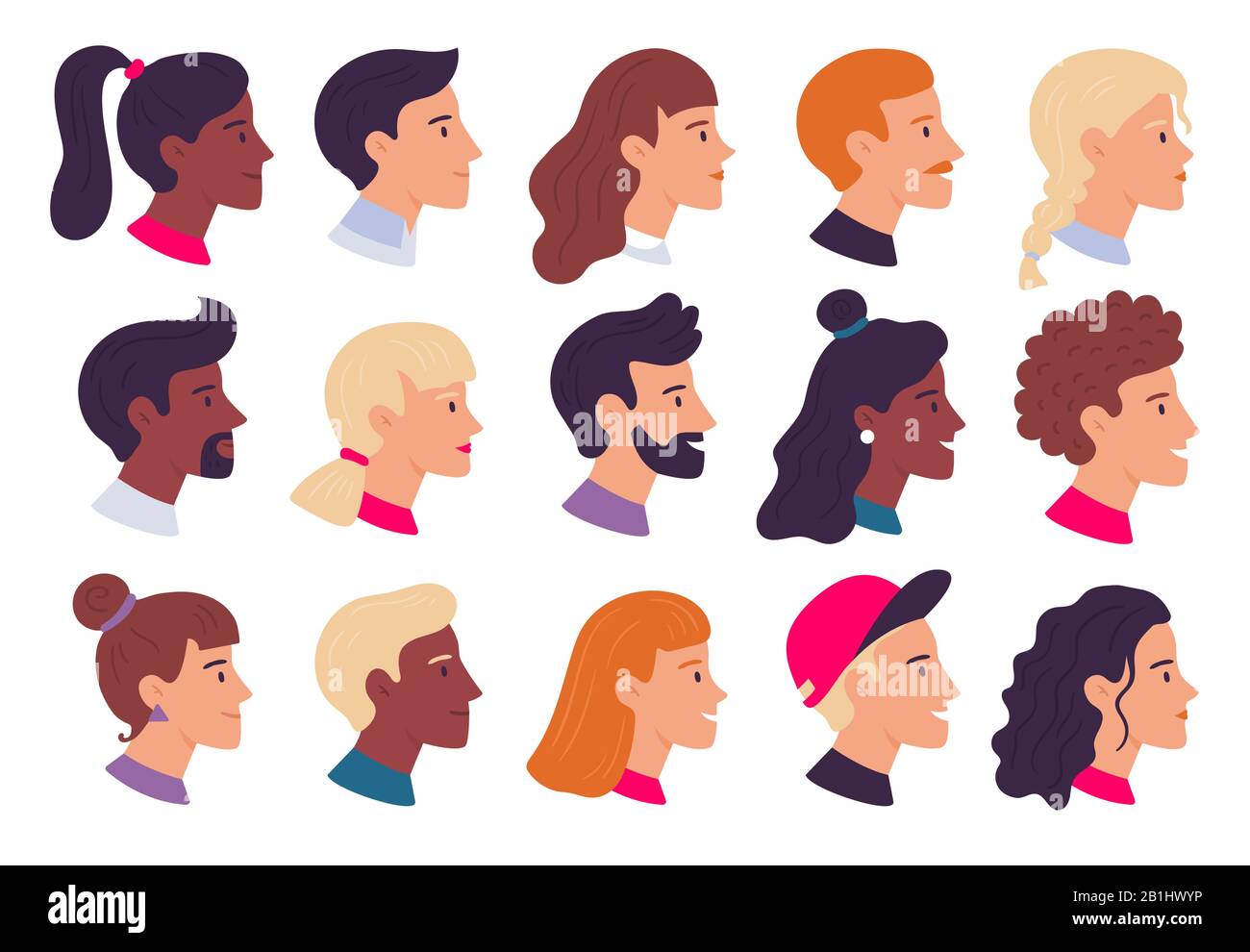 Profil des portraits de personnes. Avatars de profils de visage mâles et femelles, jeu d'illustrations vectorielles plates de portrait latéral et de têtes Illustration de Vecteur