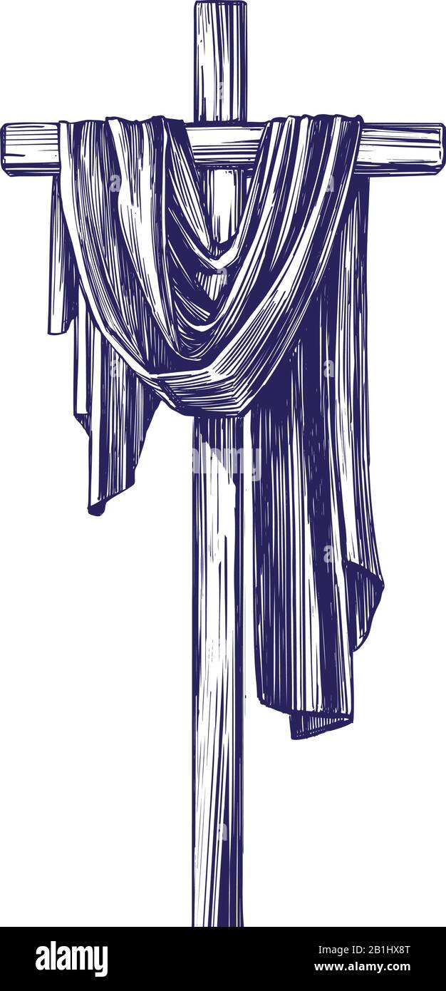 Croix de bois chrétienne. Pâques, symbole du Christianisme esquisse d'illustration vectorielle dessinée à la main. Illustration de Vecteur