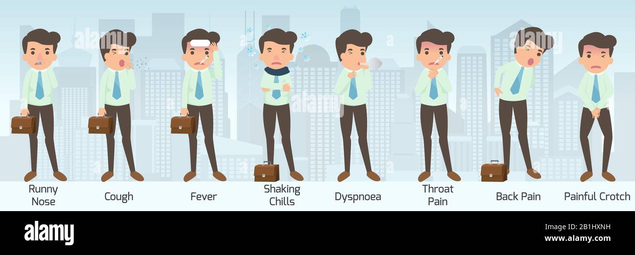L'homme d'affaires a une maladie dans diverses pose. Symptômes maladie de nez Liquide et de toux, fièvre et Frissons frissons et Dyspnée et Douleur De Gorge et dos Illustration de Vecteur
