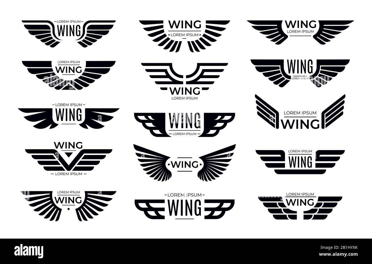 Badges Wings. Emblème volant, aile d'oiseau aigle et ensemble vectoriel à cadre ailé Illustration de Vecteur