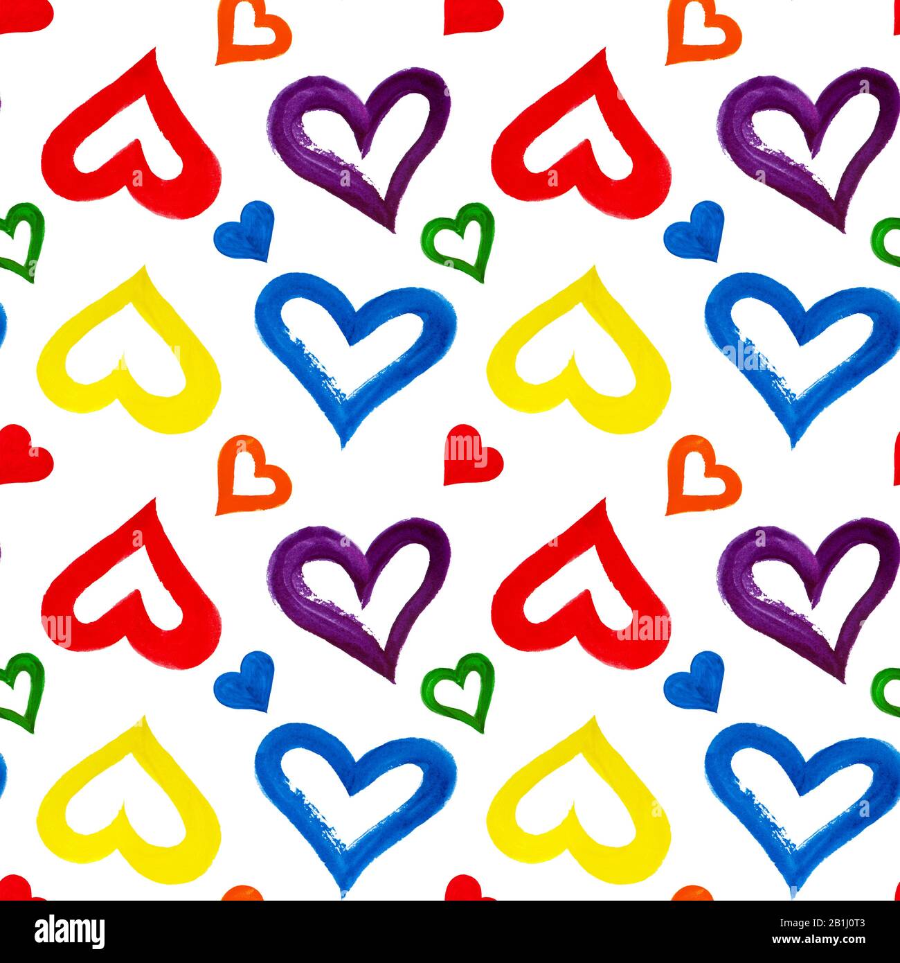 Motif sans couture coeur de couleur arc-en-ciel dessiné à la main, fond blanc isolé, couleur d'eau colorée coeur répété ornement, symbole d'amour, imprimé Banque D'Images