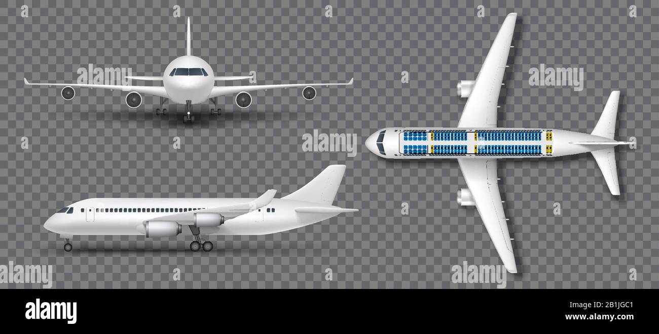 Avion blanc réaliste, avion de ligne isolé. Avion en profil, de la vue de face et de dessus. Configuration de la maquette d'avion passager de voyage. Illustration vectorielle Illustration de Vecteur