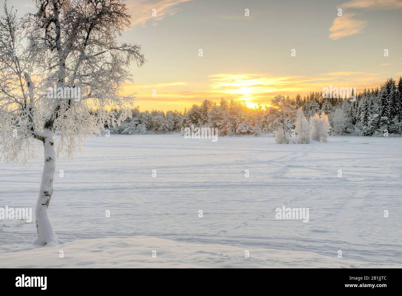 Lac gelé au lever du soleil, Norvège, Trondheim Banque D'Images