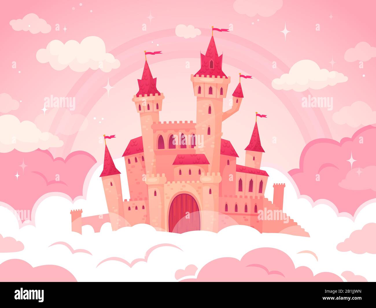 Château de dessin animé dans des nuages roses. Terre magique, nuage de