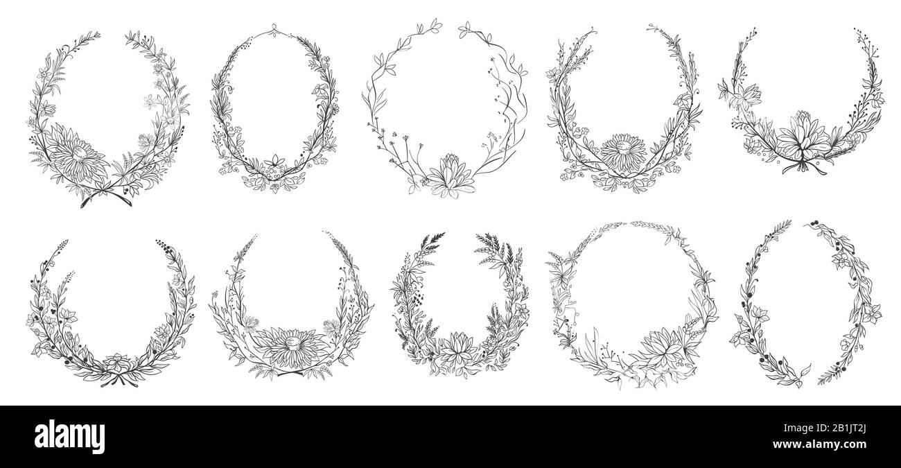 Cadres fleuris ronds dessinés à la main. Esquisse de fleurs, de feuilles et de branches de décoration couronne. Ensemble vectoriel de cadre de fleur circulaire Illustration de Vecteur