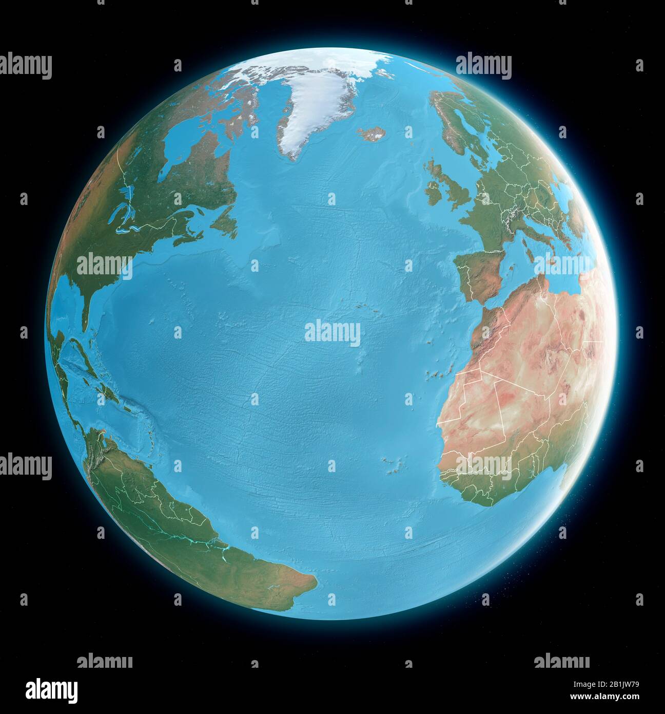 Carte du globe de l'océan Atlantique, de la Méditerranée, de l'Amérique, de l'Afrique et de l'Europe. Cartographie, atlas géographique. rendu tridimensionnel. Banque D'Images