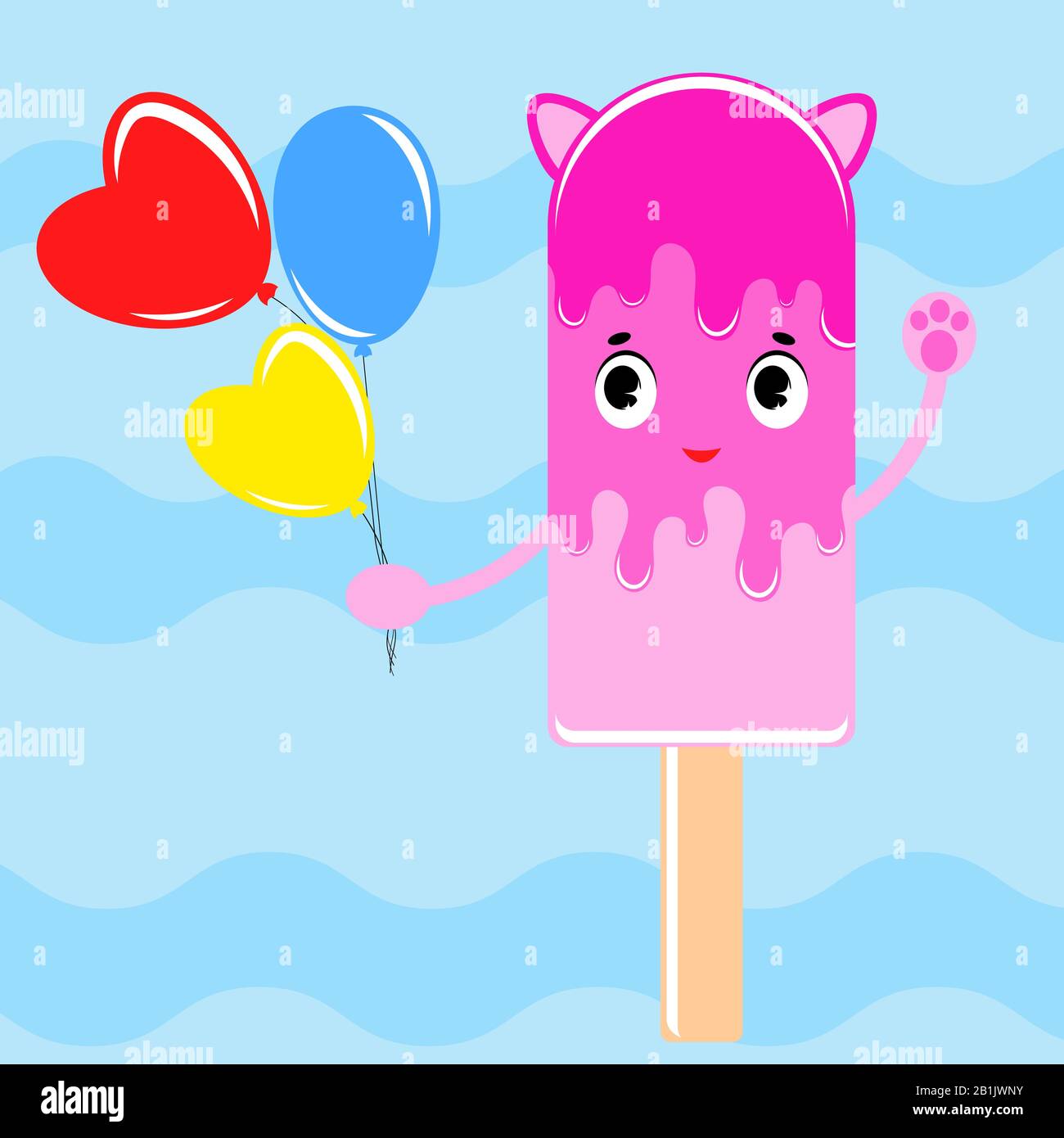 Glace rayée isolée et plate saupoudrée d'un glaçage rose. Sur un bâton en bois. Avec un tas de ballons d'eau vive dans sa main. un dr simple Illustration de Vecteur