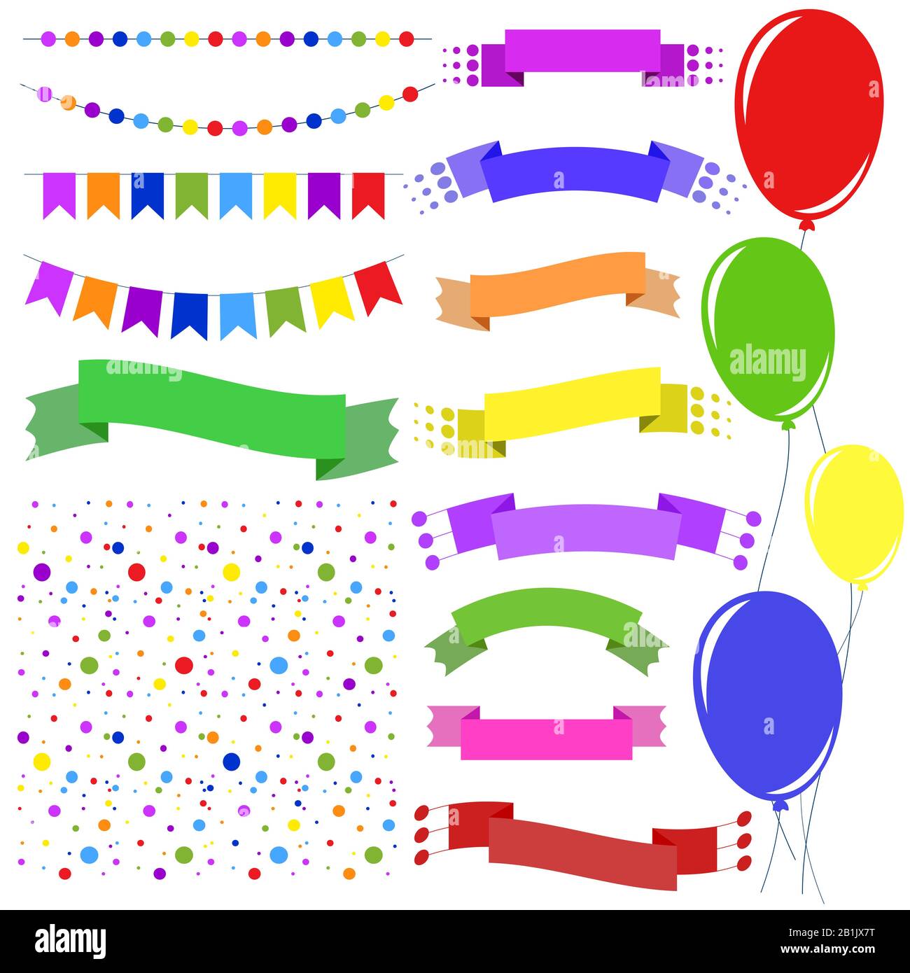 Jeu de guirlandes isolées de couleur plate, confettis, rubans de bannières et ballons sur cordes sur fond blanc. Adapté à la conception. Illustration de Vecteur