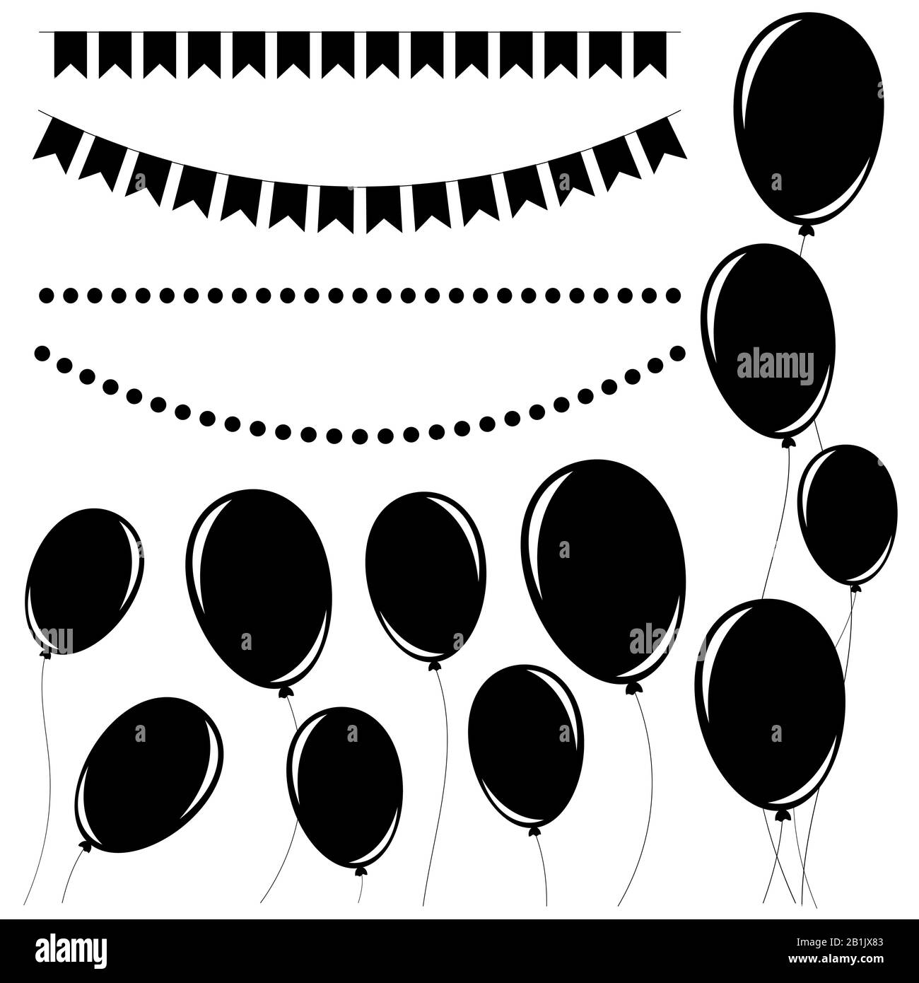 Ensemble de silhouettes noires isolées plates de ballons sur des cordes et des guirlandes de drapeaux. Illustration de Vecteur